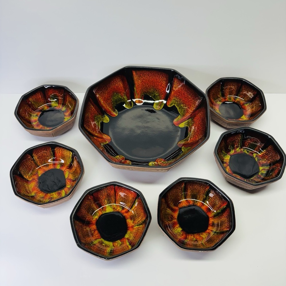 California Pottery Sequoia Ware Set Serving Bowl & 6 Salad Fruit Pasta MCM Black